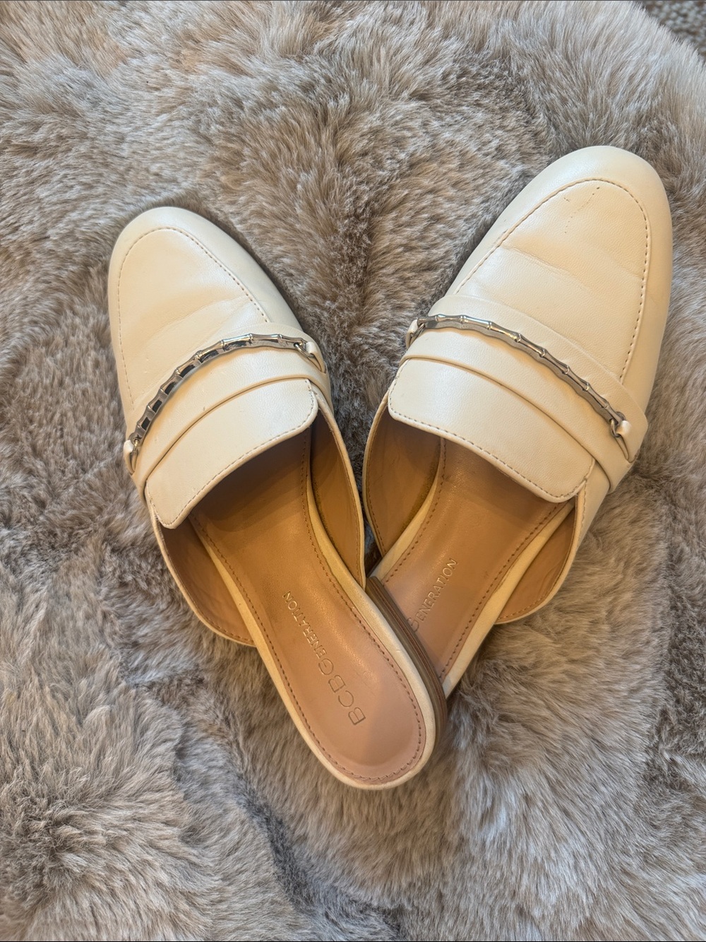 BCBGeneration Cream Chain-Accent Slip-On Mules